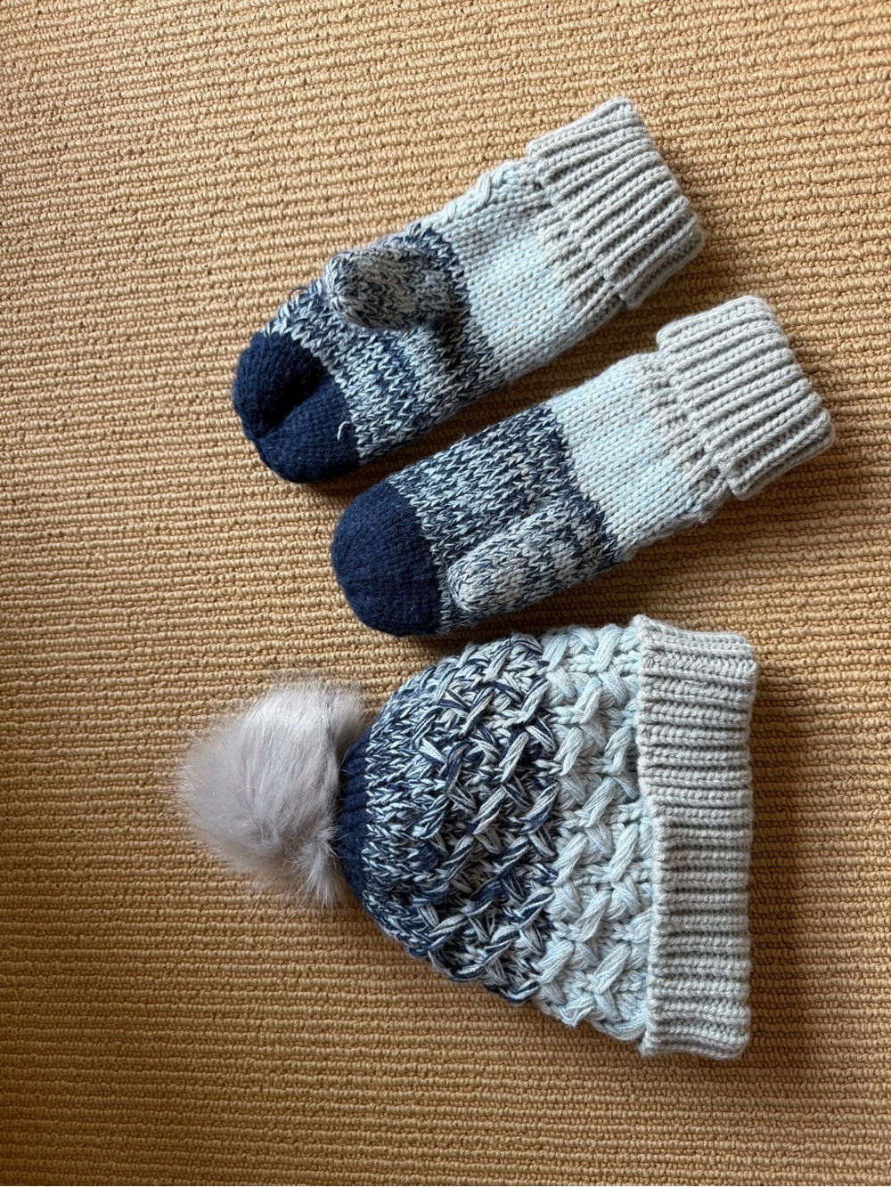 Cozy Knit Pom Beanie and Mitten Set - Light Blue & Navy